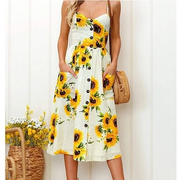 Dresses | Sunflower Summer Midi Button Down Pocket Dress | Poshmark